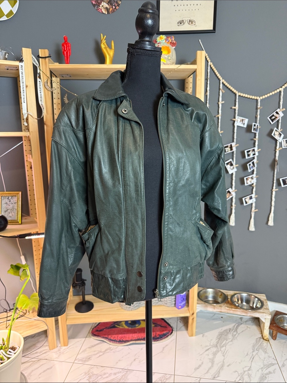 Vintage Dark Green Leather Bomber Jacket - Women